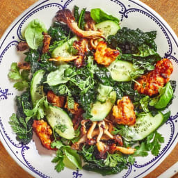 Roasted Tempeh and Mushrooms on Kale Salad