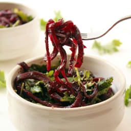 Roasted Beet Noodles with Pesto and Baby Kale