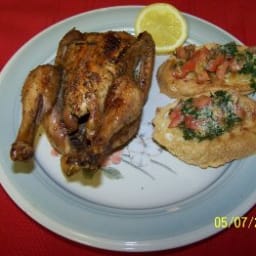 Rock Cornish Game Hens with Garlic Basil Bruschetta