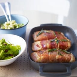 Salmon saltimbocca with gremolata potatoes and crispy sage leaves