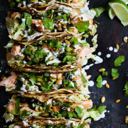 Salmon Tacos with Green Onion and Asparagus Salsa