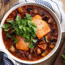 Salmon with Eggplant Paprikash