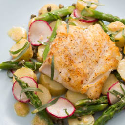 Seared Codwith Spring Vegetables and Lemon-Mustard Vinaigrette