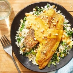 Seared Tilapia & Creamy Curry Sauce with Sesame & Bok Choy Rice