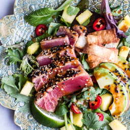 Seared Ahi Tuna Poke Salad with Hula Ginger Vinaigrette + Wonton Crisps