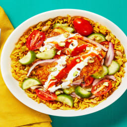 Shawarma-Spiced Halloumi with Pistachio Rice, Garlicky White Sauce & Israel