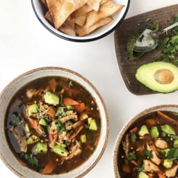 Shredded Chicken Verde Soup & Homemade Tortilla Chips