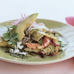 Shrimp and Cotija Enchiladas with Salsa Verde and Crema Mexicana