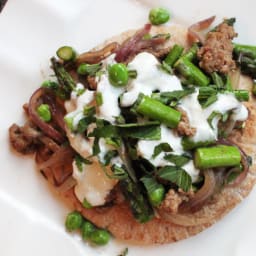 Skillet Ground Lamb with Asparagus, Peas, and Tzatziki Sauce