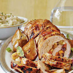 Spicy Fruit-Stuffed Pork Loin with Roasted Pears and Onions