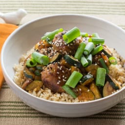 Spicy Hoisin Turkey Meatballswith Sautéed Zucchini and Brown Rice