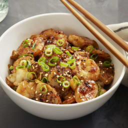 Spicy Shrimp and Korean Rice Cakeswith Cabbage and Furikake