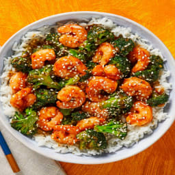 Spicy Shrimp & Broccoli Stir-Fry in a Sweet Chili Soy Glaze over Jasmine Ri