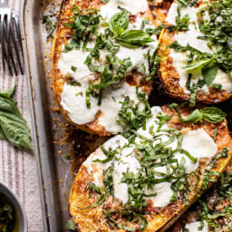 Spicy Tomato Parmesan Stuffed Spaghetti Squash.