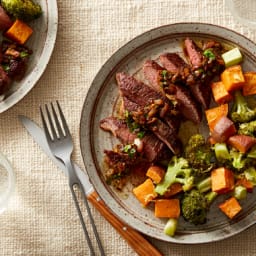 Steaks & Warm Lemon Salsa Verde with Roasted Broccoli & Sweet Potat