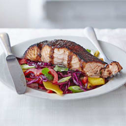 Sticky jerk salmon with mango slaw