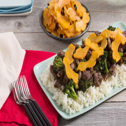 Stir-Fried Beef and Broccoliwith Garlic Rice and Pickled Delicata Squash