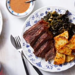 Strip Steak & Potatoes with Spicy Maple Collard Greens