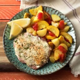 Summertime Pork Schnitzel with Yellow Squash, Tomatoes, and Yukon Golds