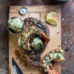 Surf and Turf: Steak and Lobster with Spicy Roasted Garlic Chimichurri Butt