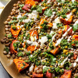 Sweet Potato Lentil Salad with Pistachio Salsa and Tahini