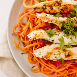 Sweet Potato Noodles with Chicken and Tomato Basil Sauce