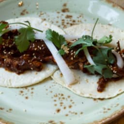 Tacos of “Easy” Slow Cooker Mole with Chicken