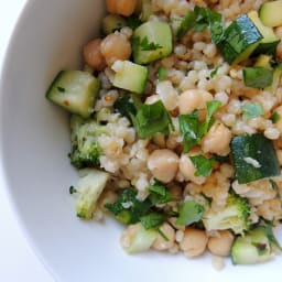 Toasted Israeli Couscous with Zucchini, Broccoli, Garbanzo Beans & Parmesan