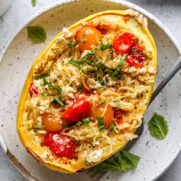 Tomato-Pesto Baked Feta Spaghetti Squash