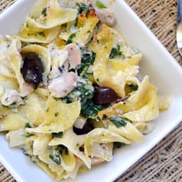 tuna noodle casserole with olives and spinach