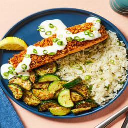 Walnut-Crusted Salmon with Garlicky Zucchini, Scallion Rice & Creamy Lemon 