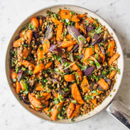 Warm Cumin Roasted Carrot, Red Onion and Lentil Salad