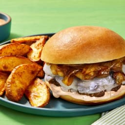 White Cheddar Wonderburgers with Old Bay Fries, Caramelized Onion & Special