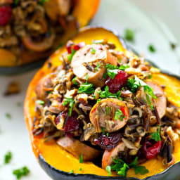 Wild Rice Sausage + Cranberry Acorn Squash Boats