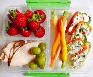 Bacon-pepper-poppers-snack-lunch-(with-peppers,-carrots,-olives,-strawberri