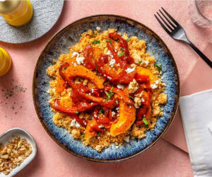 Honey-Harissa-Squash-and-Pepper-Couscous-with-Greek-Style-Salad-Cheese-and-