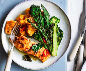 Sesame-salmon,-purple-sprouting-broccoli-and-sweet-potato-mash