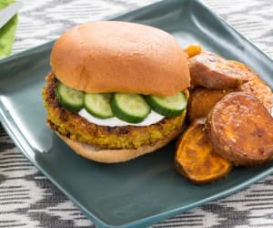 Spiced-Chickpea-Burgerswith-Vadouvan-Sweet-Potatoes--and--Lemon-Yogurt-Sauc