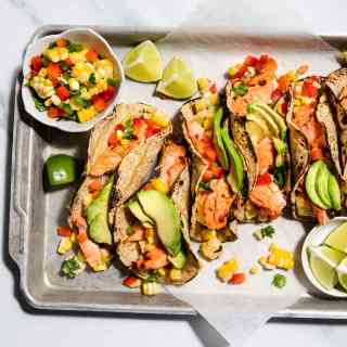 30-Minute Roasted Salmon Tacos with Corn &amp; Pepper Salsa