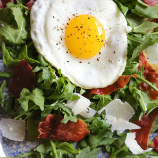 Arugula Salad with Crispy Proscuitto, Parmesan and Fried Eggs