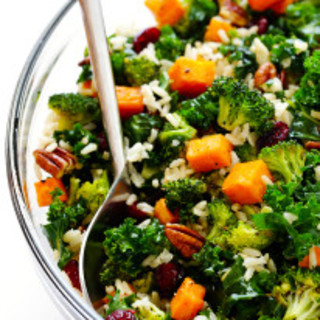 Autumn Kale Salad with Sweet Potatoes, Broccoli and Brown Rice
