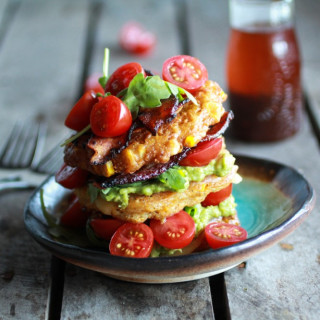 Avocado and Gouda BLT Corn Fritter Stacks with Chipotle Bourbon Dressing