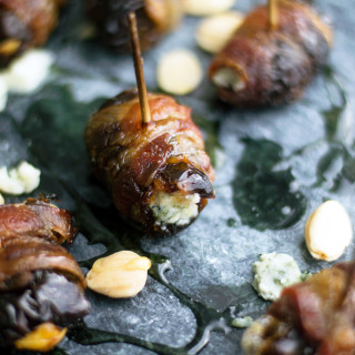 Bacon Wrapped Dates Stuffed with Marcona Almonds and Blue Cheese