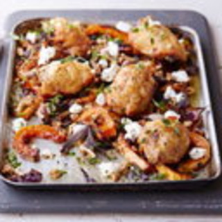 Baked chicken thighs with butternut squash and goat’s cheese