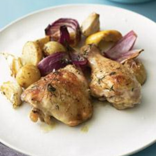 Baked Chicken with Onions, Potatoes, Garlic, and Thyme