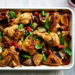 Baked Chicken With Potatoes, Cherry Tomatoes and Herbs