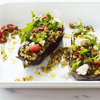 Baked eggplant with barley, feta and dill