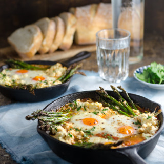 Baked Eggs in Sugo with Asparagus and Ricotta