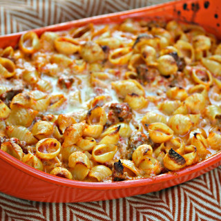 Baked Shells With Roasted Red Pepper Cream Sauce and Italian Sausage