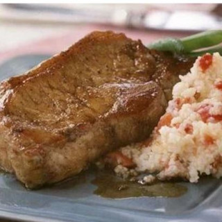 Balsamic Glazed Pork Chops with Red Pepper Grits